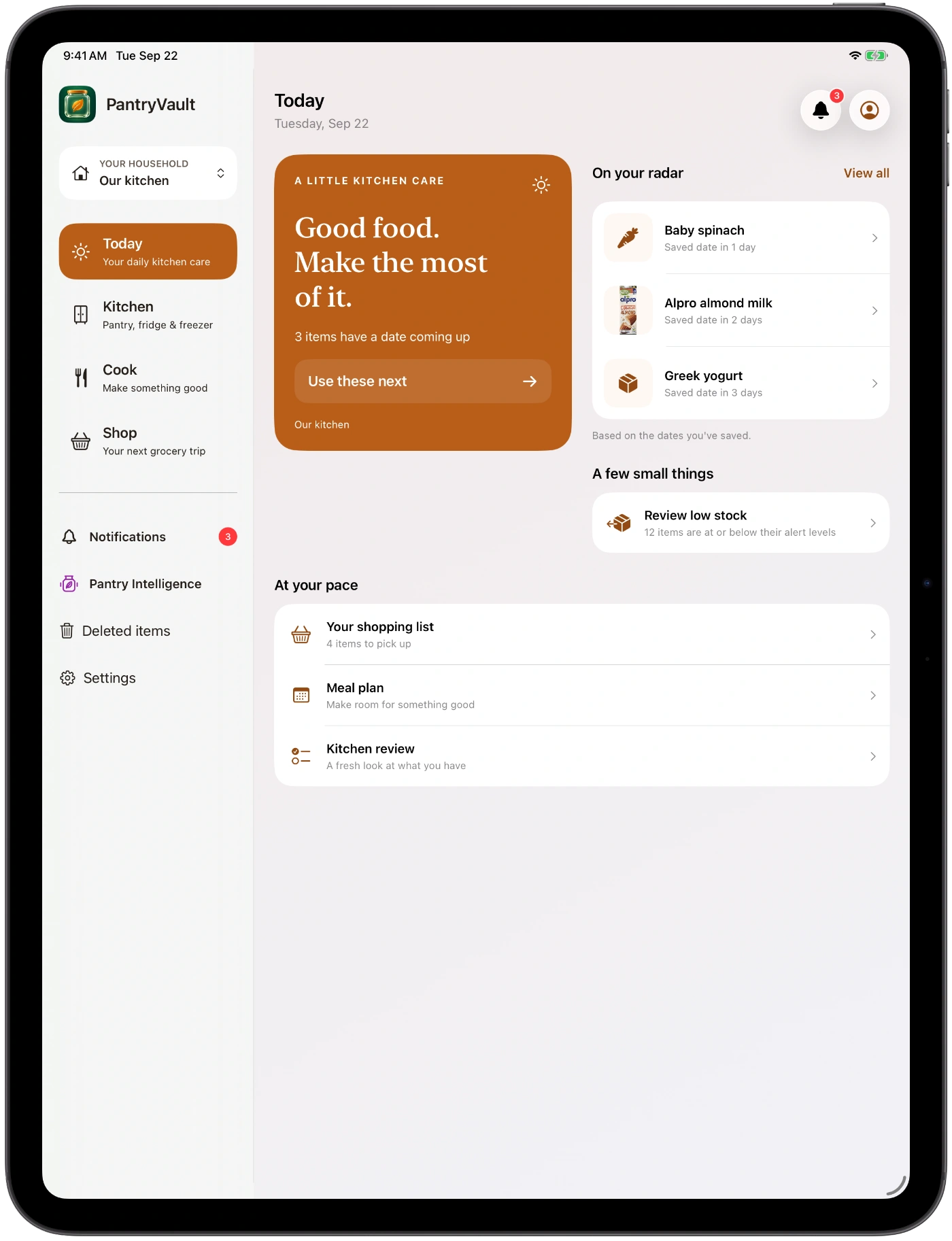 PantryVault Today inside an iPad frame, with sidebar navigation and food to use next