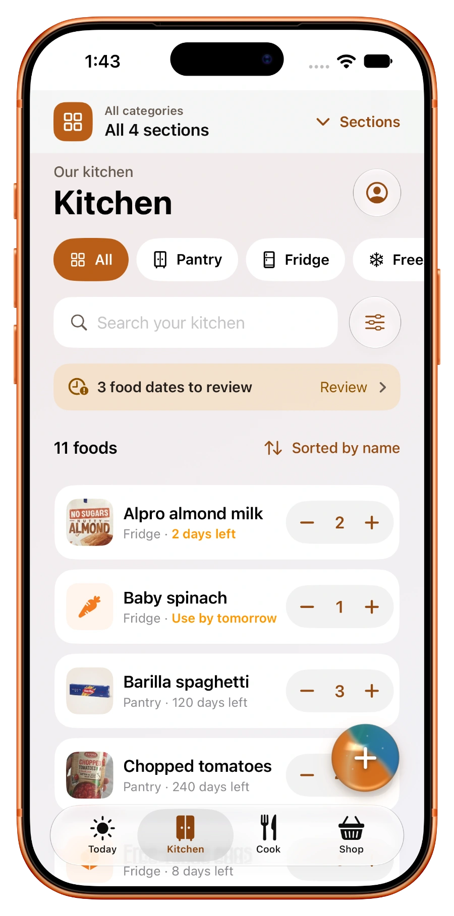 The new Kitchen screen with pantry categories and your food inventory