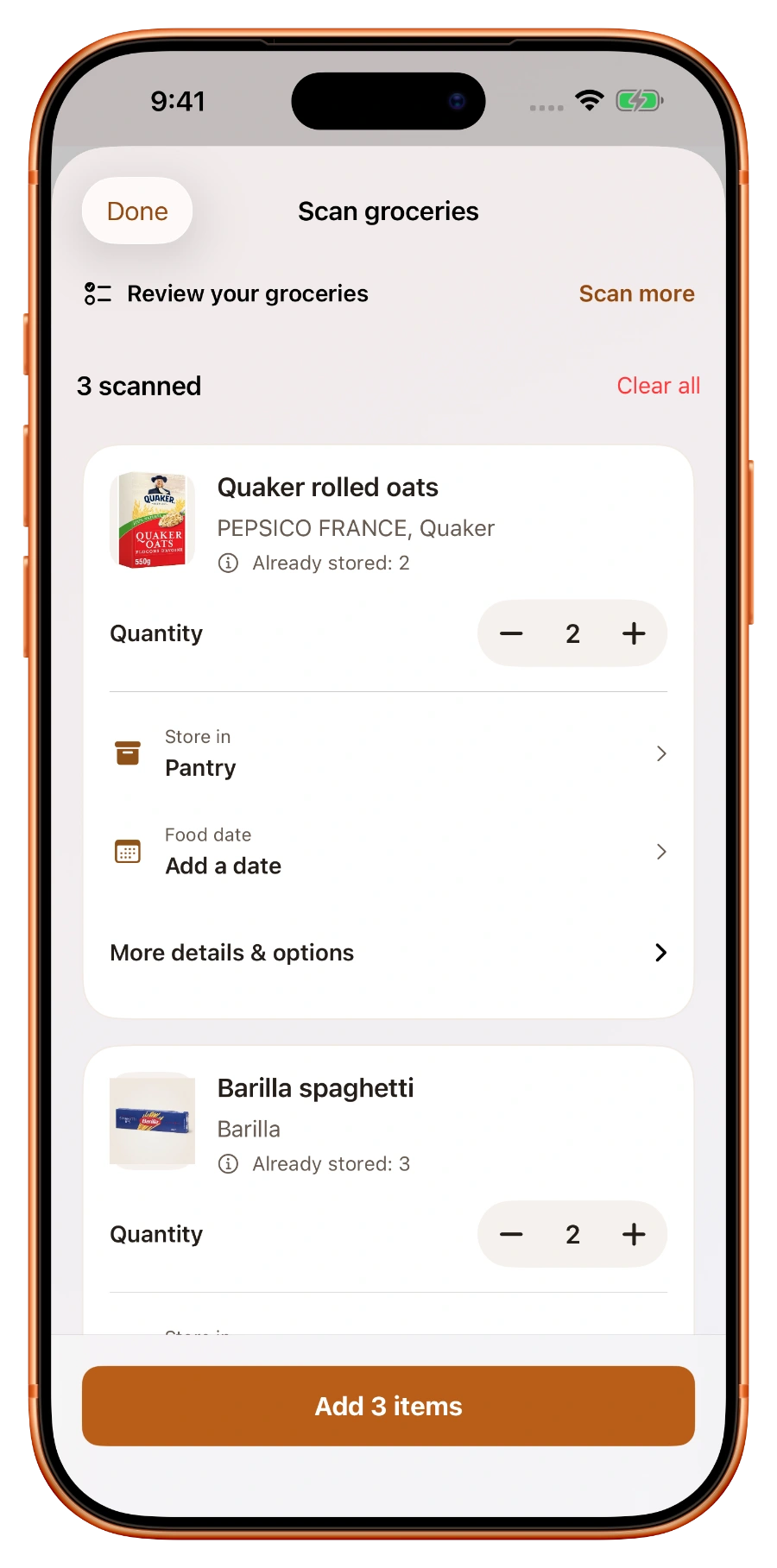 Scan review inside an iPhone frame, with quantity, storage, and food date controls
