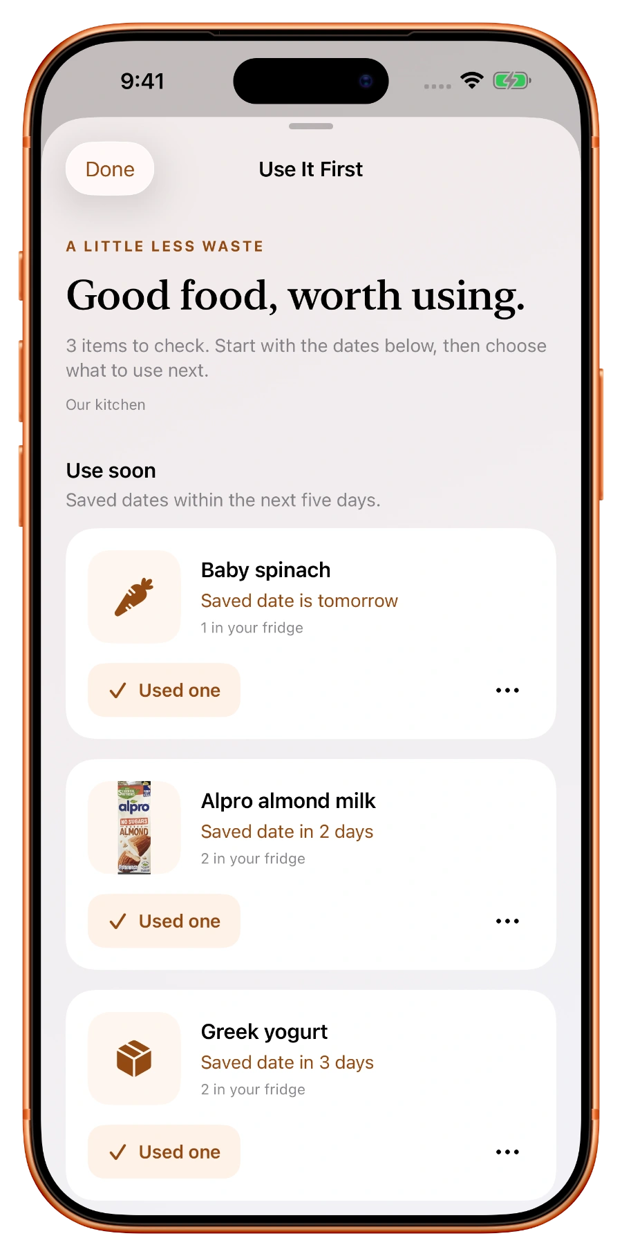 Use It First with spinach, almond milk, and yogurt grouped by their saved food dates